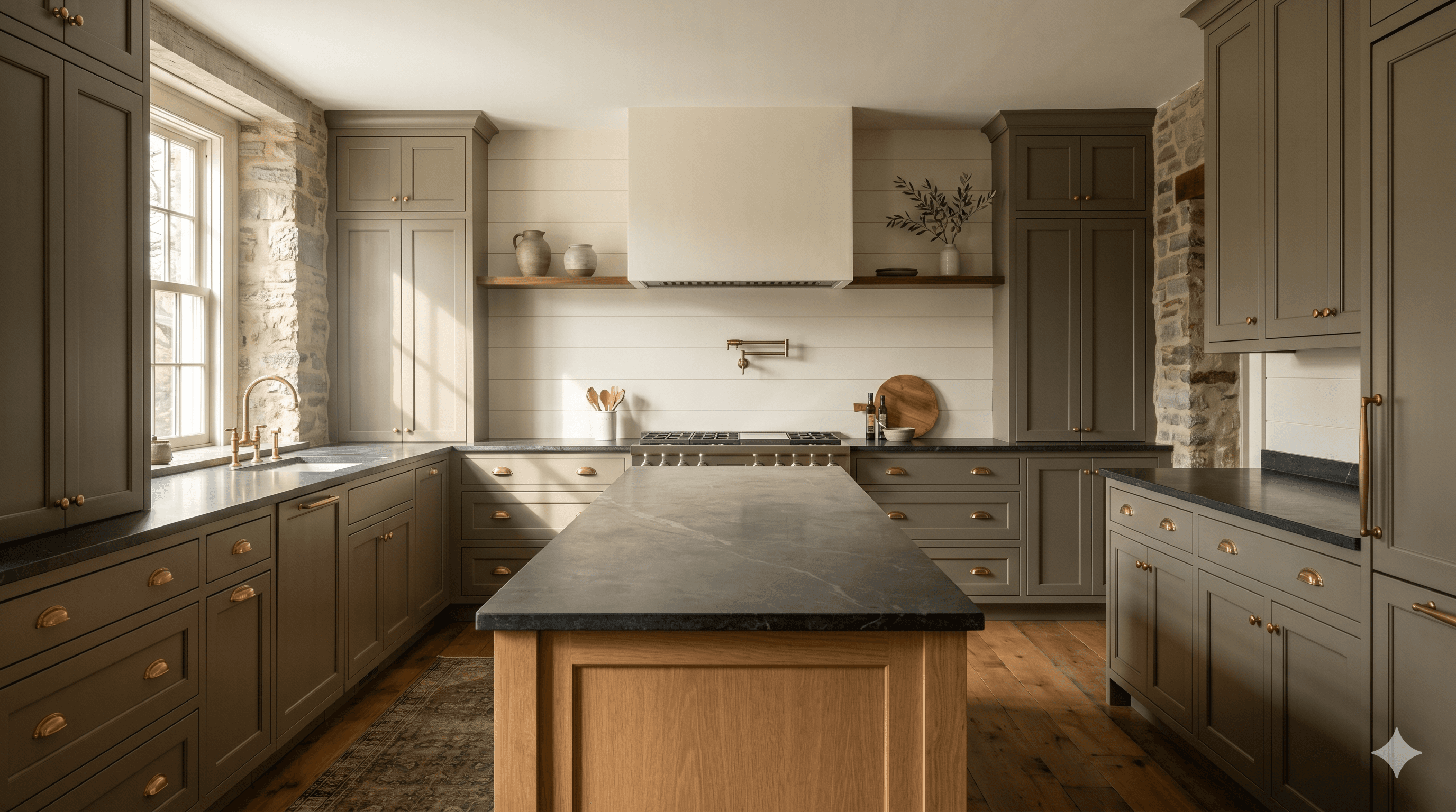 Wide-plank flooring and inset shaker cabinetry in a Pennsylvania stone farmhouse kitchen by Vitrin Cabinetry