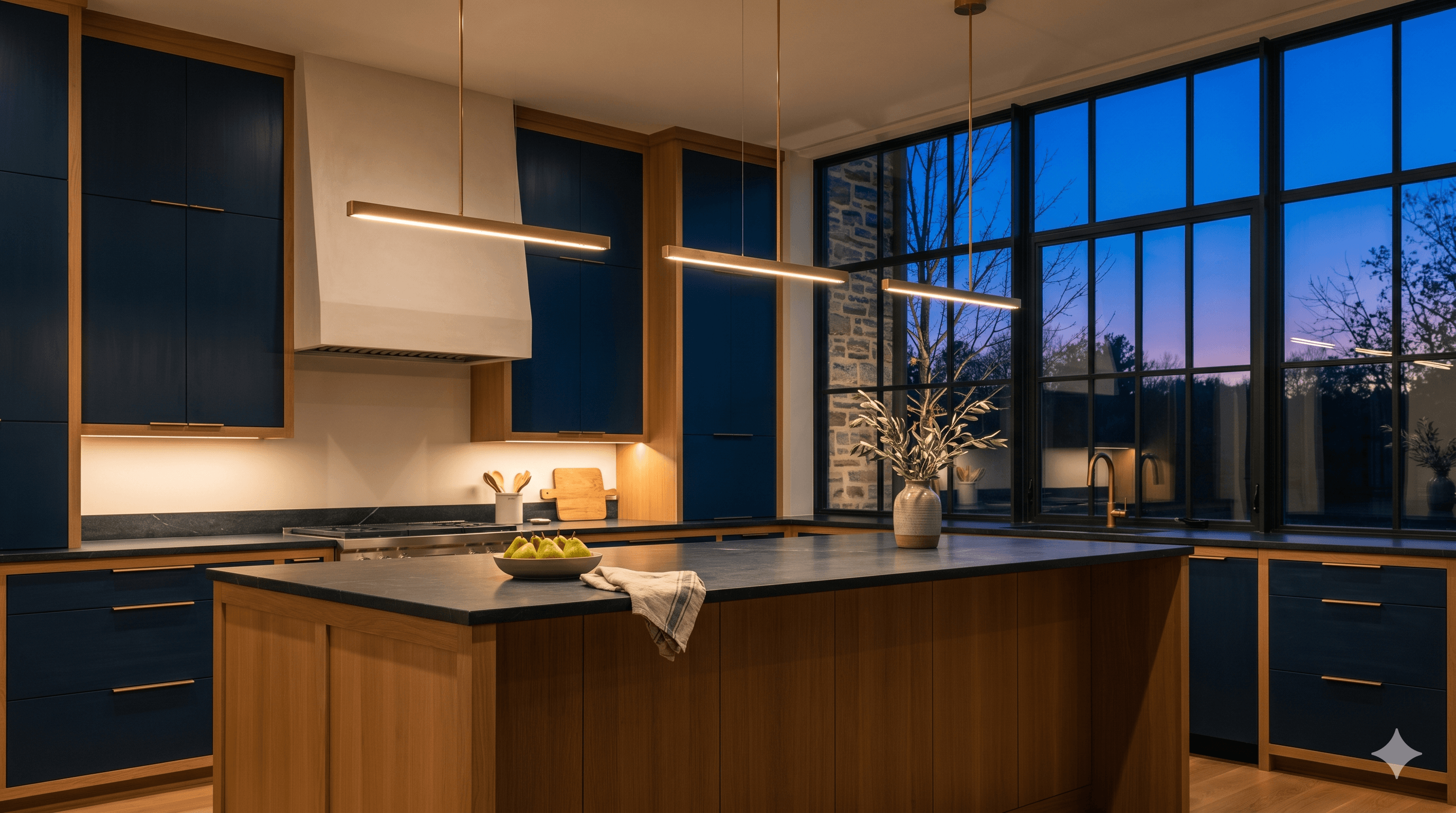 Custom navy blue kitchen with brass pendants at twilight, built by Vitrin Cabinetry in Bucks County PA